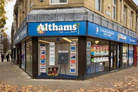 the shopfront at Althams Travel in Nelson, Lancashire