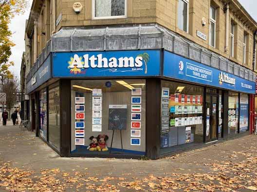 the shopfront at Althams Travel in Nelson, Lancashire